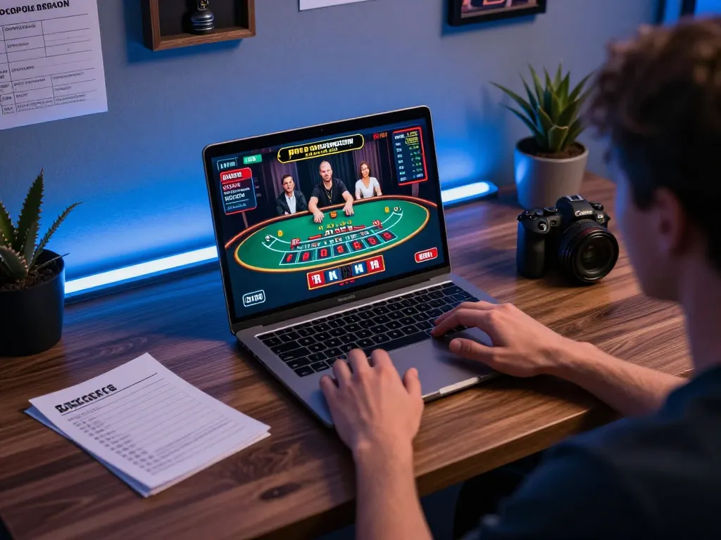 Pemain Kenzototo menganalisis strategi selama permainan baccarat online di laptop.