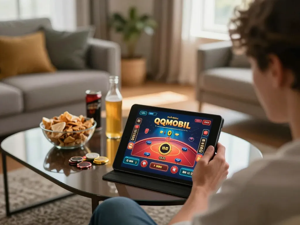 Engaging QQmobil online gaming moment with a player using a tablet and snacks nearby.