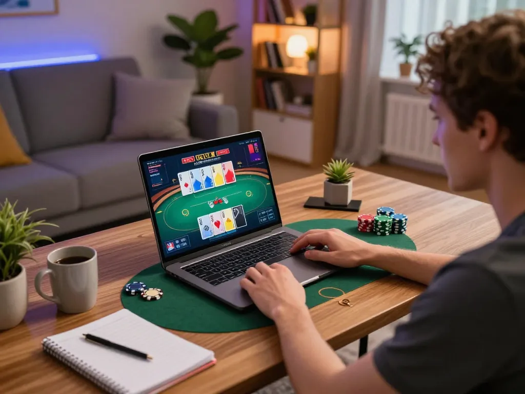 Engaging online gaming experience with Juraganbola on a laptop, showcasing strategic poker gameplay