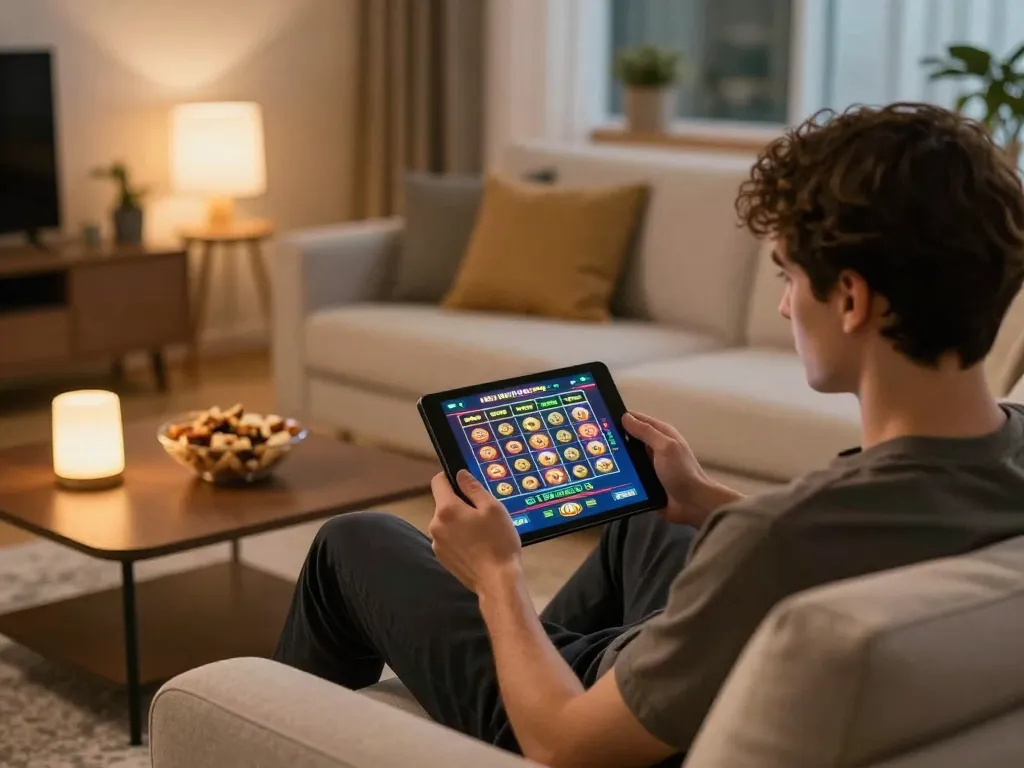 rokok88 player engaging in online gaming on tablet in cozy home setup