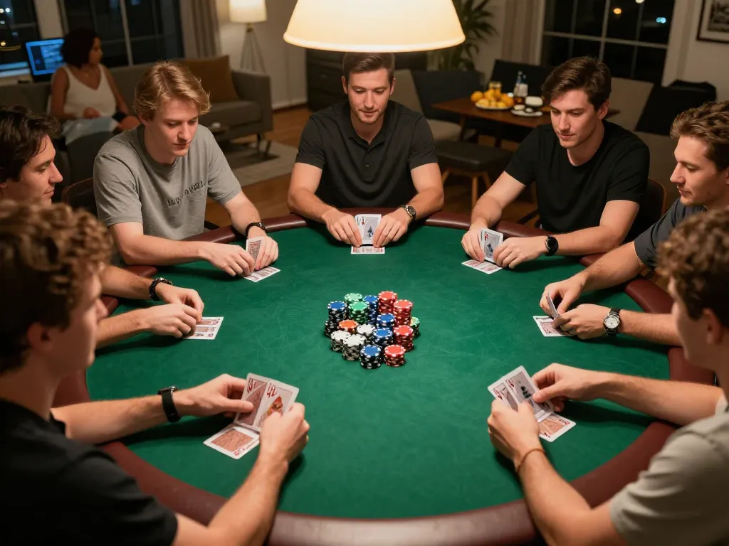 Suasana malam poker di rumah yang menarik dengan pemain di sekitar meja di m88 link.