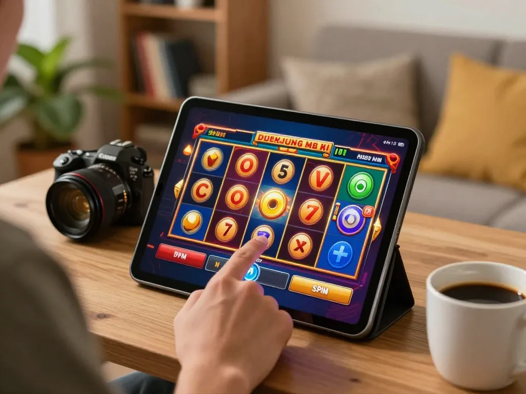 Engaging moment playing a Demo Slot on a tablet in a cozy home setting.