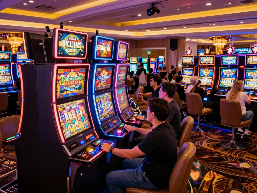 Players celebrate wins at colorful slot machines at jus77 casino