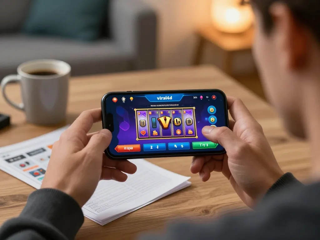 Experience the thrill of viral4d as a player engages with mobile casino gameplay in a cozy home setting.