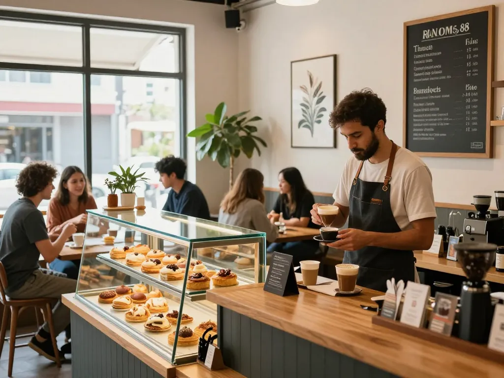 Delicious gourmet coffee and pastries in a RANDOM88 café atmosphere.