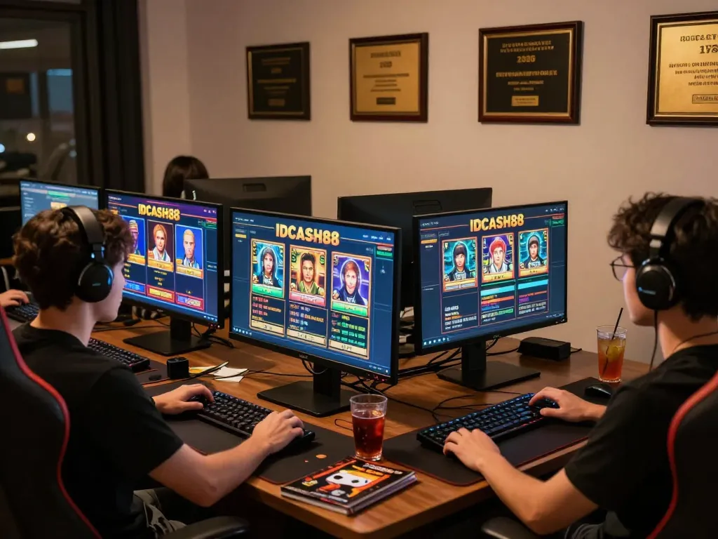 Engaged player using IDCASH88 online slot games on multiple screens within a modern gaming setup.