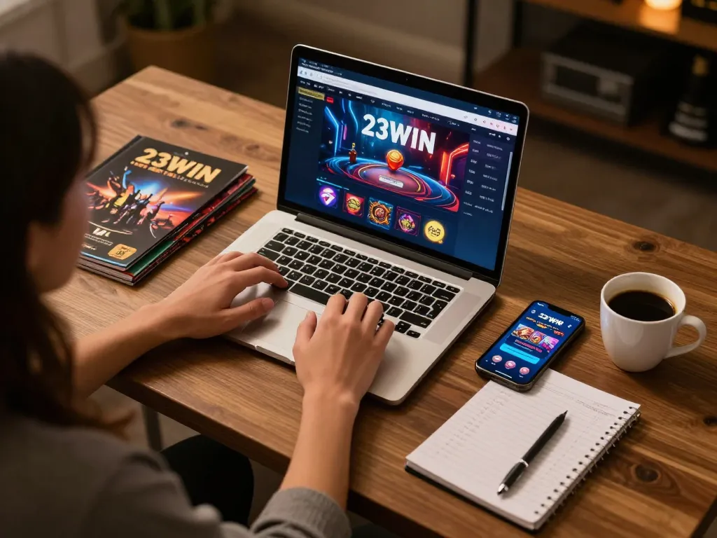 Engaged player exploring the 23WIN online casino, showcasing a comfortable gaming setup.
