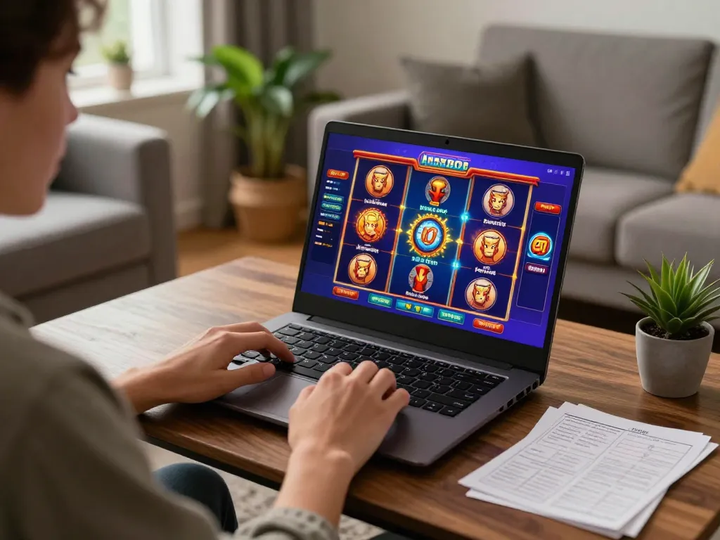 Engaging in online gaming with SIS4D, showcasing a lively home setup with colorful slot machine displays.