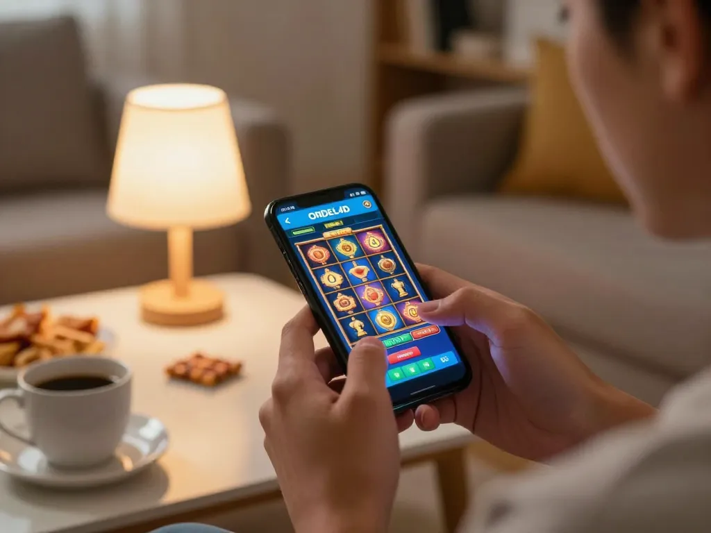 Berinteraksi dengan aplikasi ONDEL4D untuk permainan slot online, menampilkan permainan yang bertanggung jawab