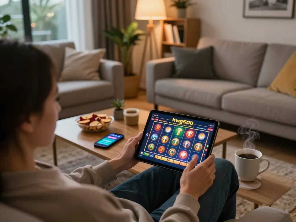 Berinteraksi dengan permainan slot hwg500 di tablet dalam suasana rumah yang nyaman, menampilkan simbol slot yang cerah.