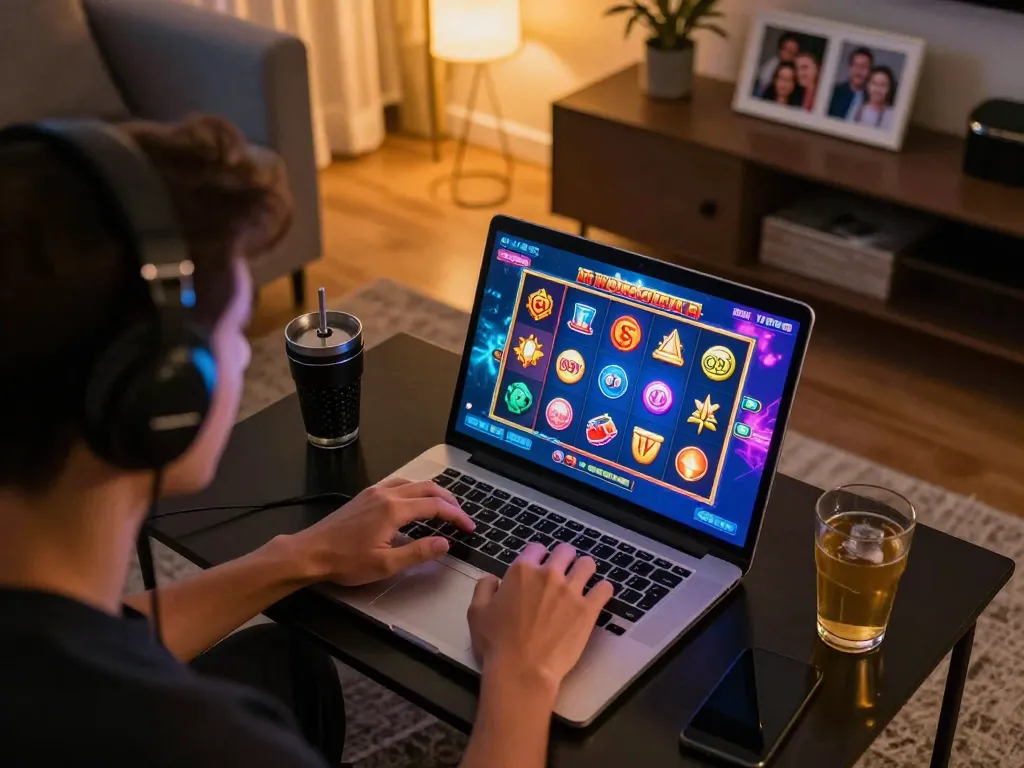 Engaging player enjoying situs gacor online slot game at home, highlighting gaming excitement.