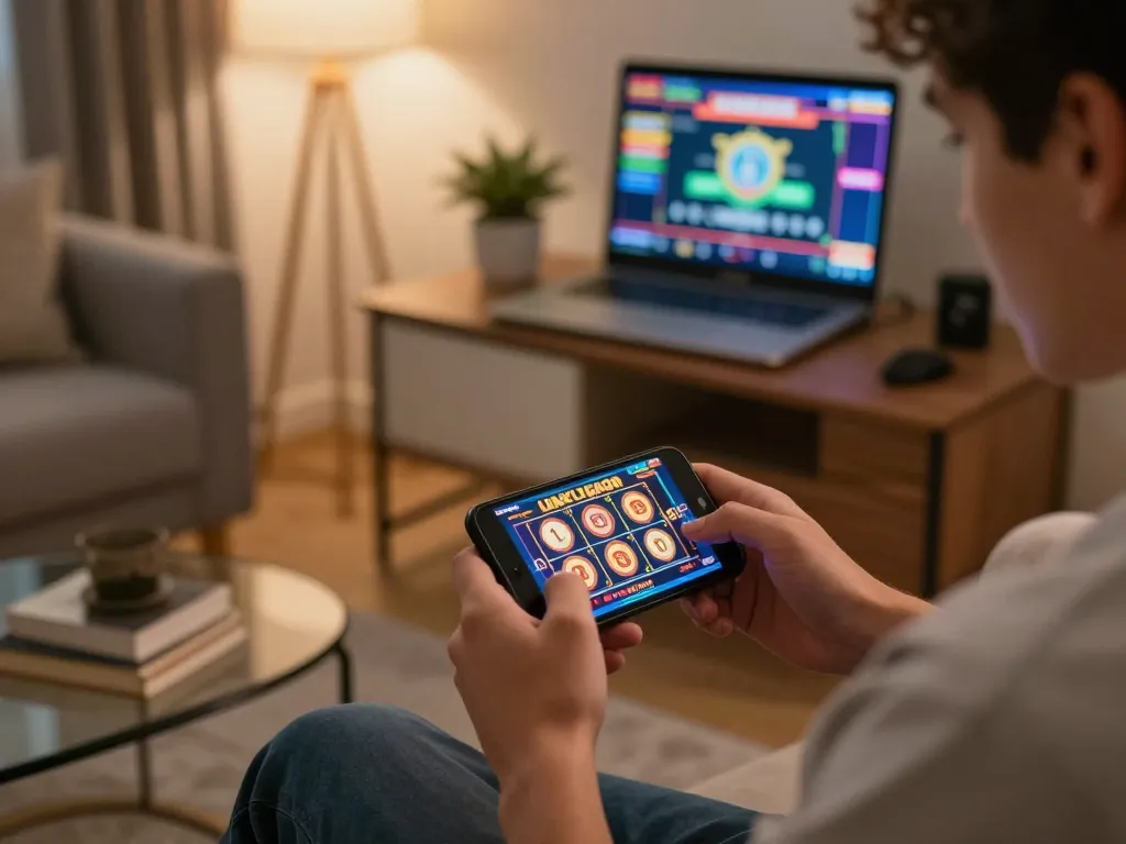 Experience dynamic gameplay with link slot gacor on smartphone in a cozy home setting.