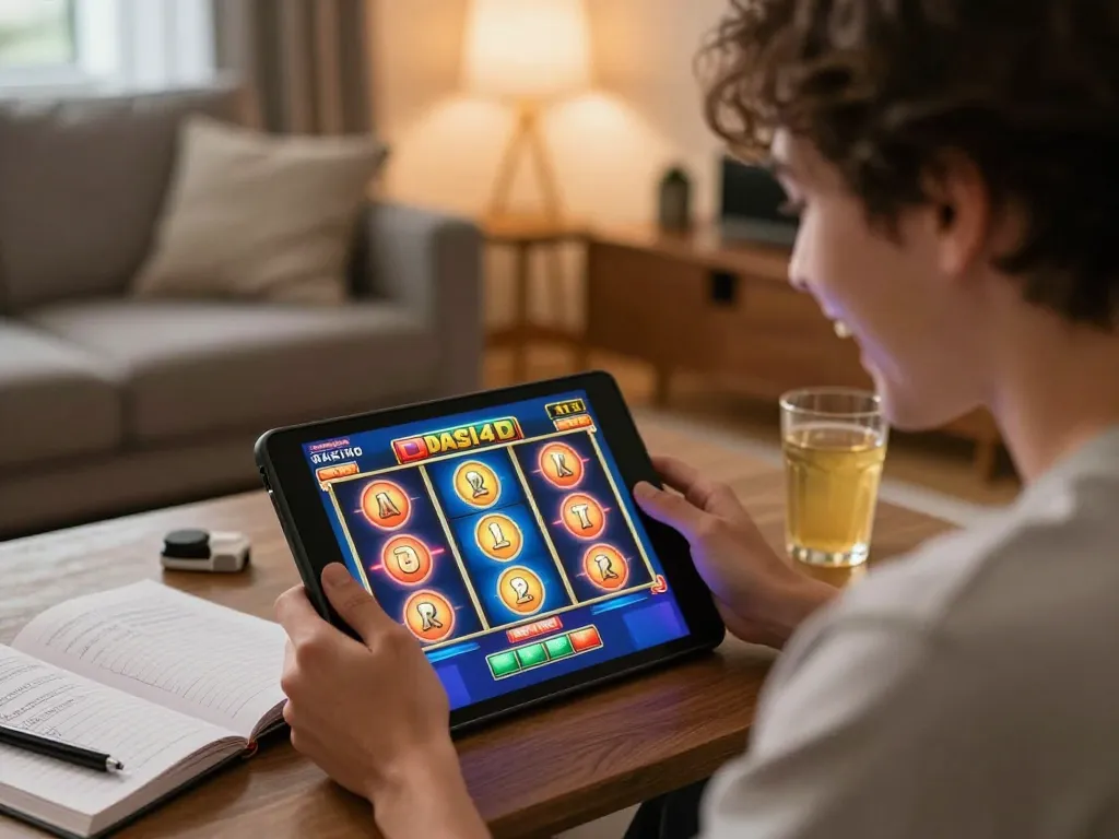 Pemain DASI4D menikmati slot online di tablet dalam suasana ruang tamu yang nyaman.