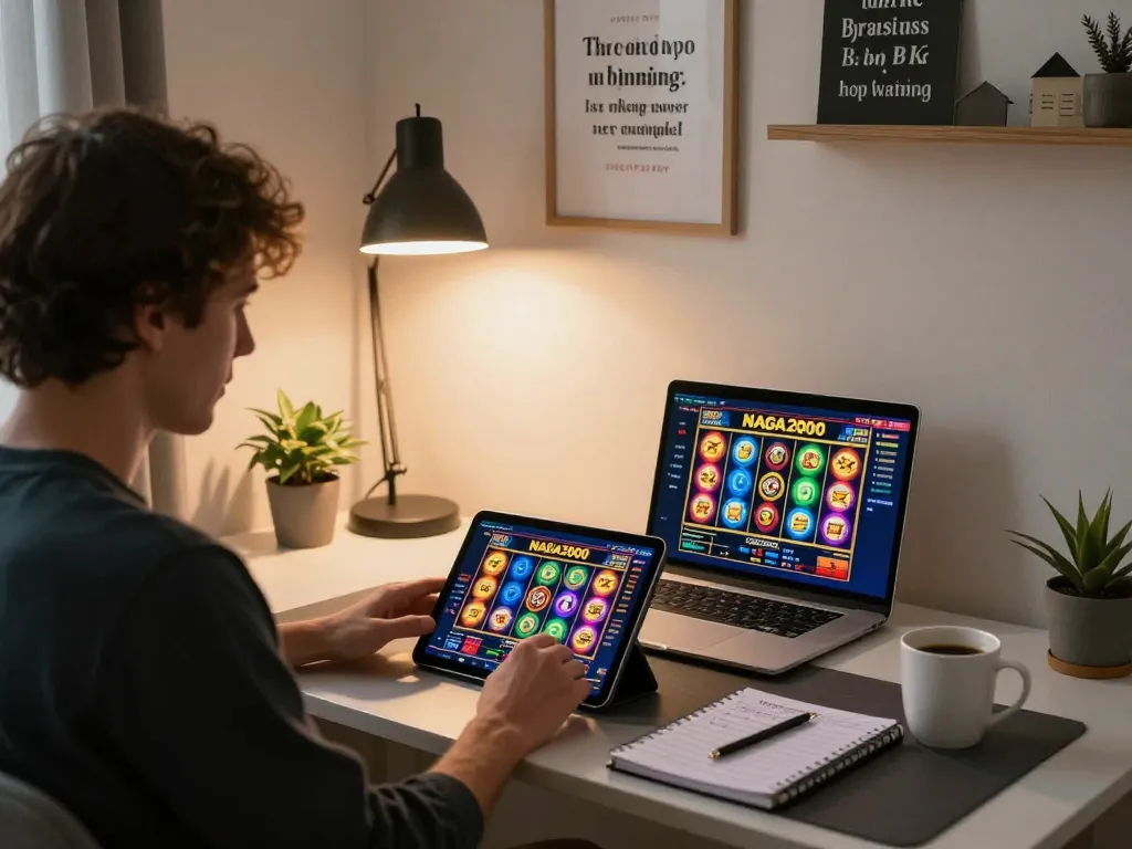 NAGA2000 user enjoying slot game on tablet in cozy home office with ambient lighting
