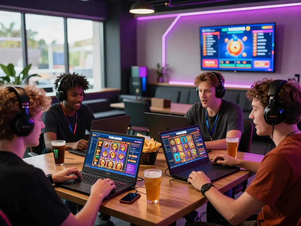 Lingkungan permainan slot yang menarik menampilkan platform VIRUS88 dengan pemain terlibat dalam suasana yang hidup.