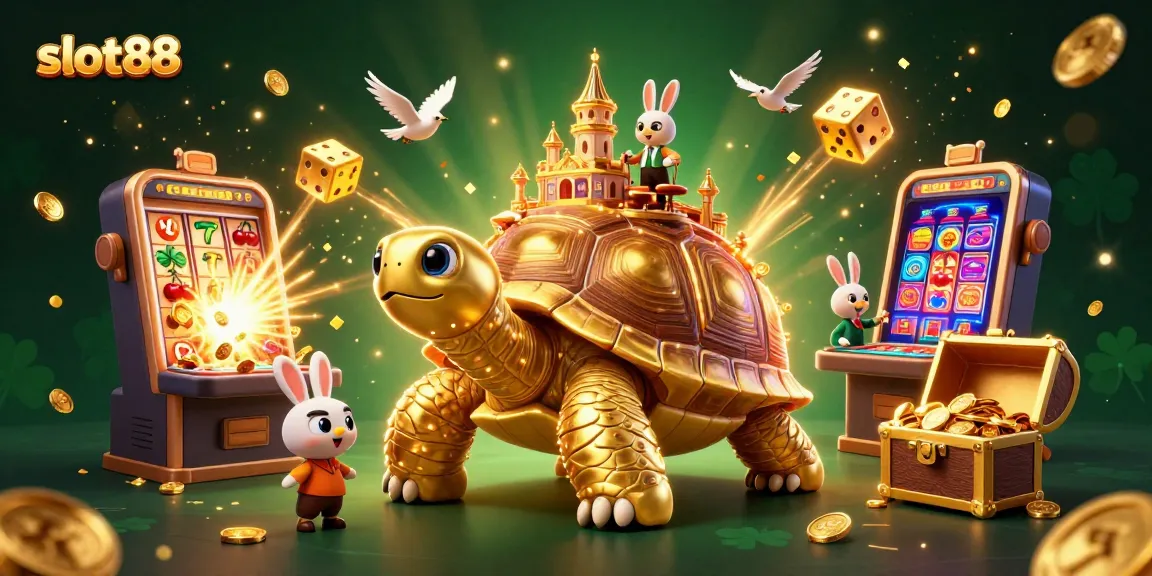 Win with slot88 in a vibrant 3D casino scene, featuring a tortoise casino and a rabbit dealer.
