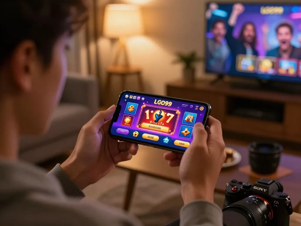 LGO99 Situs Game Online Terpercaya Di INDONESIA showcasing mobile gaming excitement with vibrant casino app.
