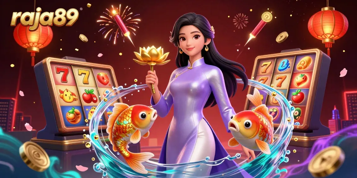 Engage with the raja89 online casino experience featuring vibrant slot reels, characters, and captivating elements.