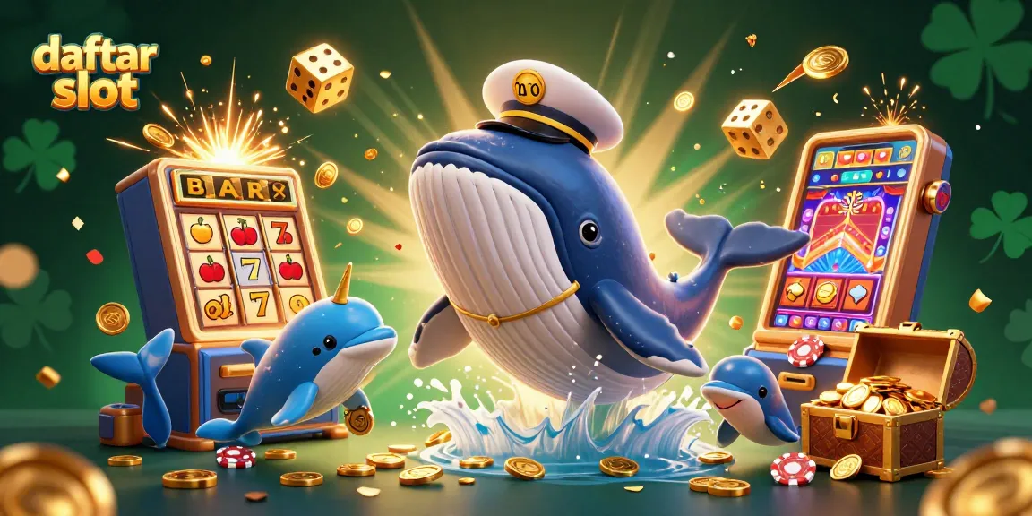 Engage with daftar slot in an ultra-detailed 3D casino scene featuring playful whales and coins.