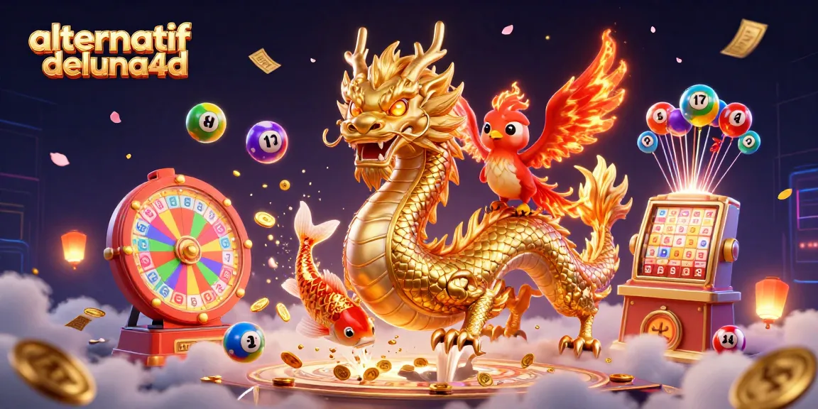 Engage in thrilling lottery experiences with alternatif deluna4d showcasing a dragon, phoenix, and koi fish.
