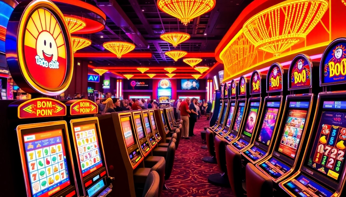 Mesin slot yang menghibur pengunjung di kasino dengan nuansa cerah dan ramai.