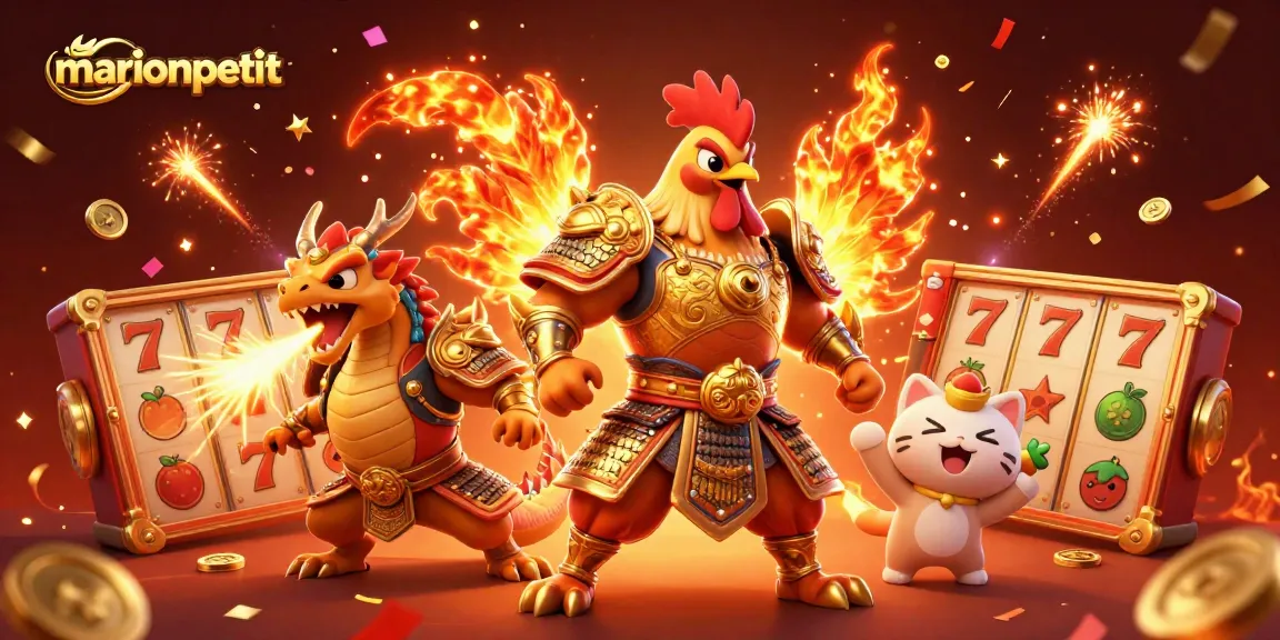 Engage with marionpetit as a spirited rooster warrior celebrates casino victories amidst vibrant slot symbols.