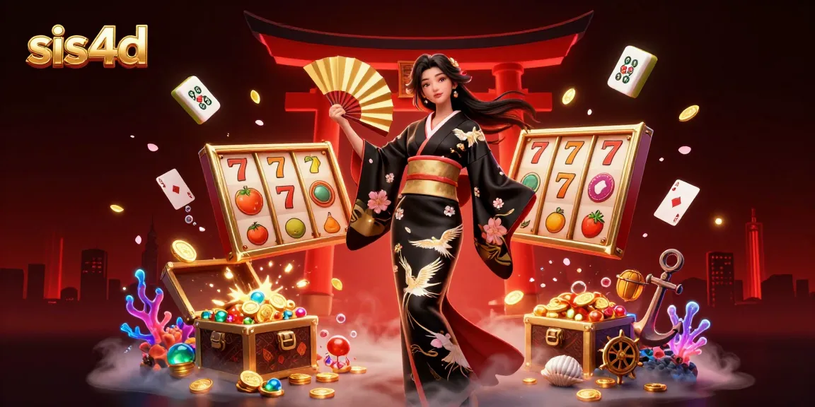 Ilustrasi promosi permainan slot SIS4D yang menampilkan wanita Asia fotorealistik di tengah elemen perjudian yang cerah, termasuk gulungan slot dan koin emas.