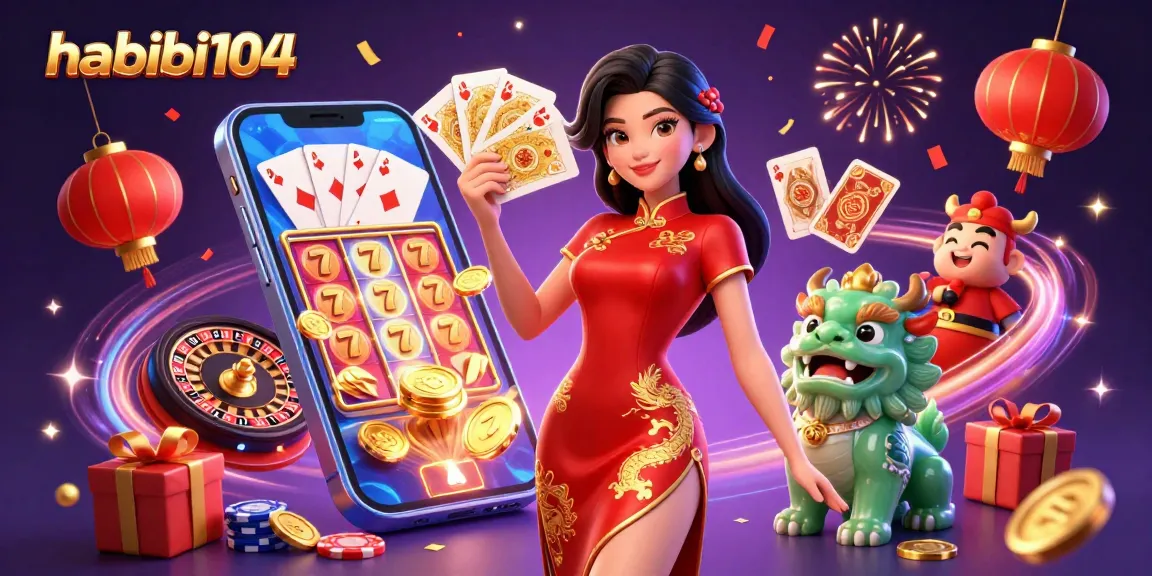 Experience the excitement of habibi104 as a skilled woman in a qipao plays vibrant slot games and poker.