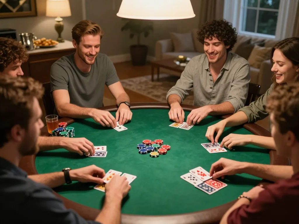 LGO99 Situs Game Online Terpercaya Di INDONESIA players engaged in lively home poker game with friends.