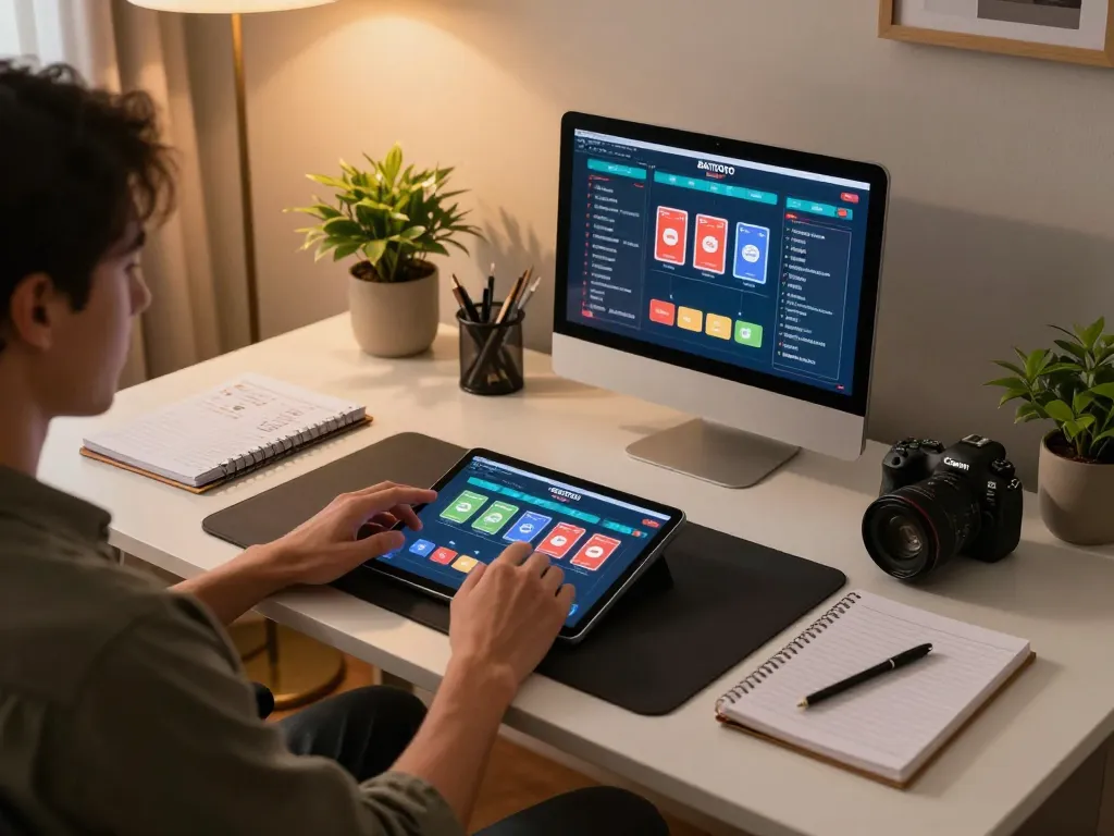 BAYITOTO user engaging with online Togel gaming interface on a tablet in a cozy workspace.