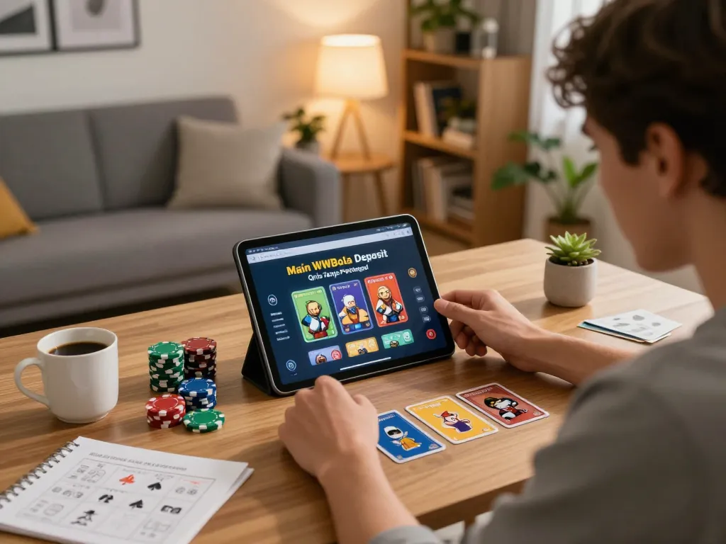 Main WWBola Deposit Qris Tanpa Potongan shown on a tablet in a cozy home gaming environment.