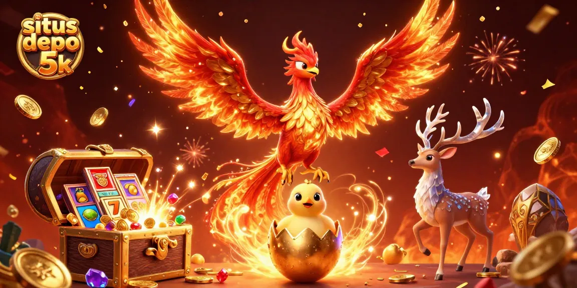 Experience the excitement of situs depo 5k with a vibrant 3D phoenix illustration and dynamic slot elements.