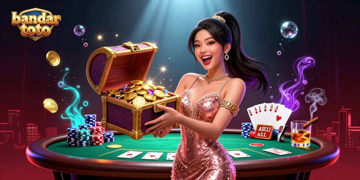 Experience the excitement of bandar toto with a stunning 3D illustration of an Asian woman presenting a treasure chest overflowing with winnings.