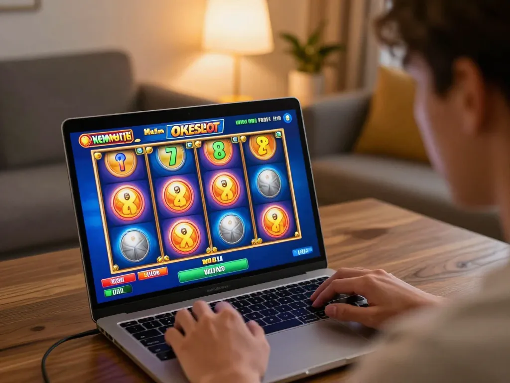 Main OKESlot Deposit Qris Tanpa Potongan, pemain terbenam dalam permainan slot online yang hidup di laptop di rumah