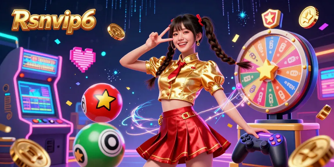 Rasakan suasana kasino Rsnvip6 yang semarak dengan mesin permainan arcade, bola berwarna-warni, dan karakter dinamis.