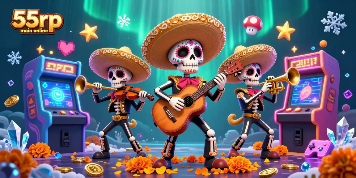 Engage with 55rp main online and enjoy vibrant scenes of a mariachi band amidst arcade games and casino elements.