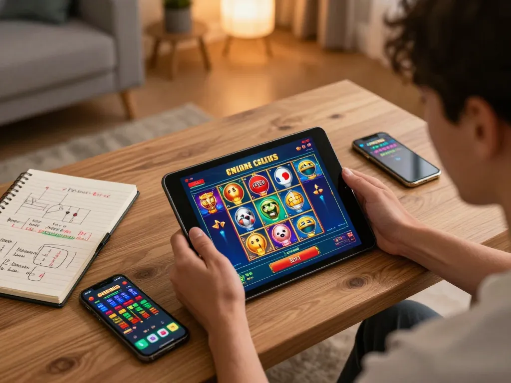 Main OKESlot Deposit Qris Tanpa Potongan showcased on a tablet as a player interacts with the online slot game from a cozy home setup.