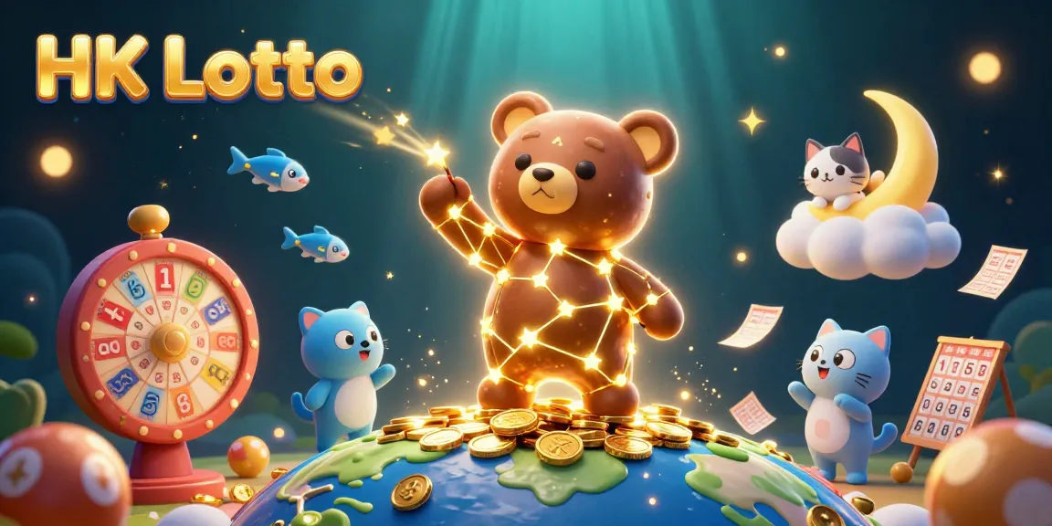 Engage with HK Lotto as a constellation bear captures coins with a vibrant lottery scene.