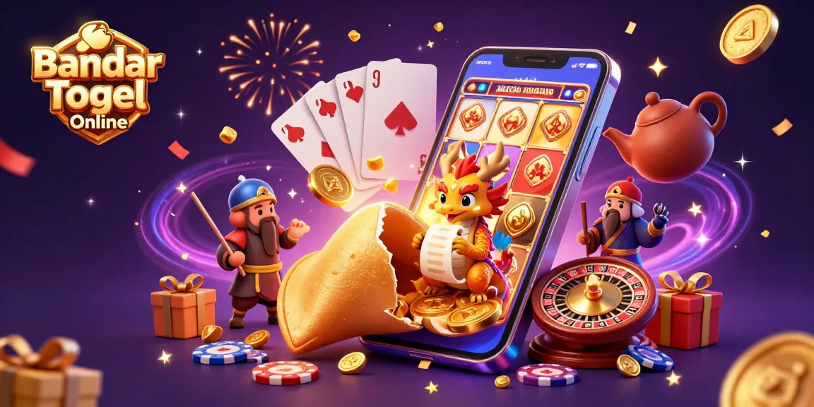 Engage in Bandar Togel Online with a lively 3D illustration of a golden fortune cookie and festive casino elements.