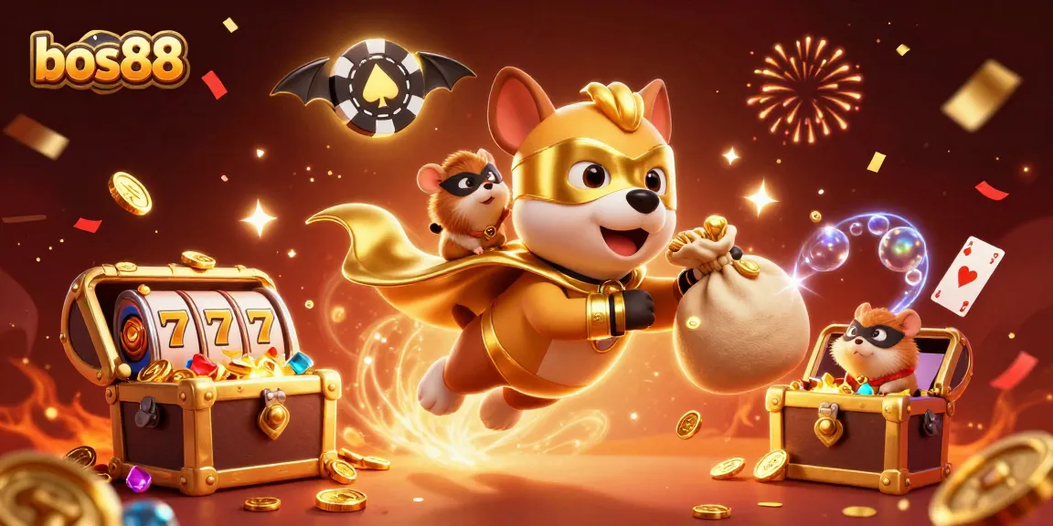 Experience the thrill of bos88 with a heroic dog character flying and spilling gold coins in a vibrant casino scene.