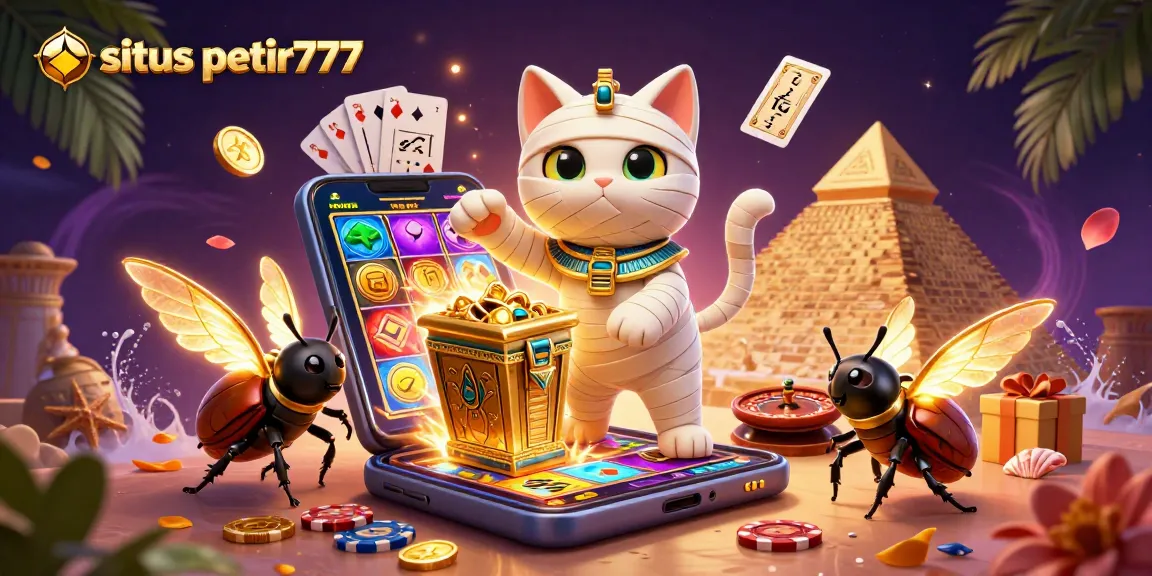 Experience situs petir777's thrilling gaming scene with a mummy cat, golden coins, and vibrant slot action.