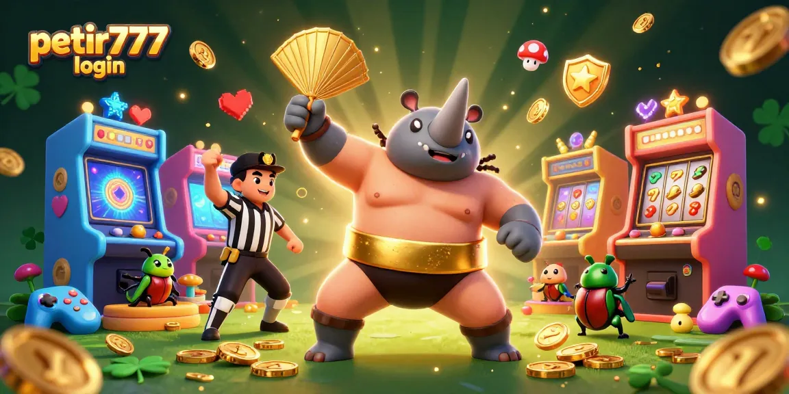Experience the excitement of petir777 login with a vibrant 3D illustration showcasing a beetle champion amidst golden coins and gaming elements.