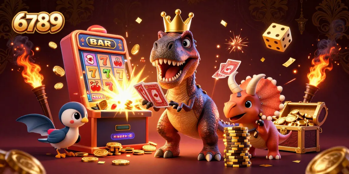 6789 showcases a 3D cartoon T-Rex shuffling cards joyfully amidst a vibrant casino scene.