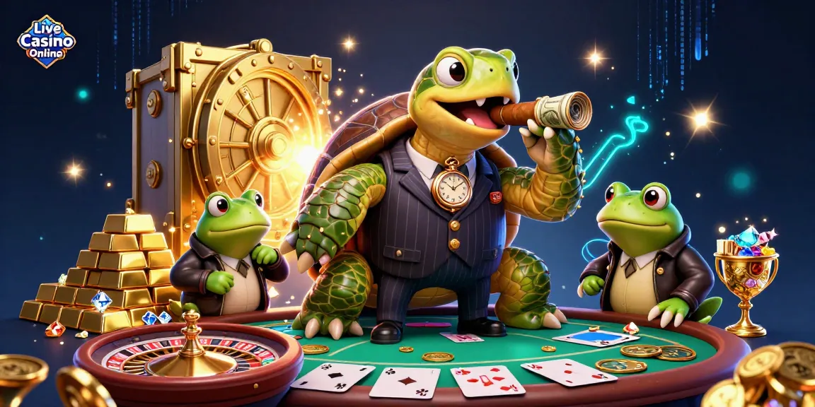 Experience the thrill of Live Casino Online with a grand scene featuring a mobster turtle and bullfrog enforcers.