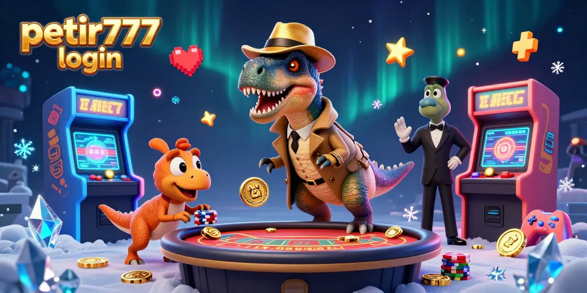 Engage with petir777 login at an animated casino scene featuring a velociraptor card counter, stegosaurus pit boss, and compy pickpocket.