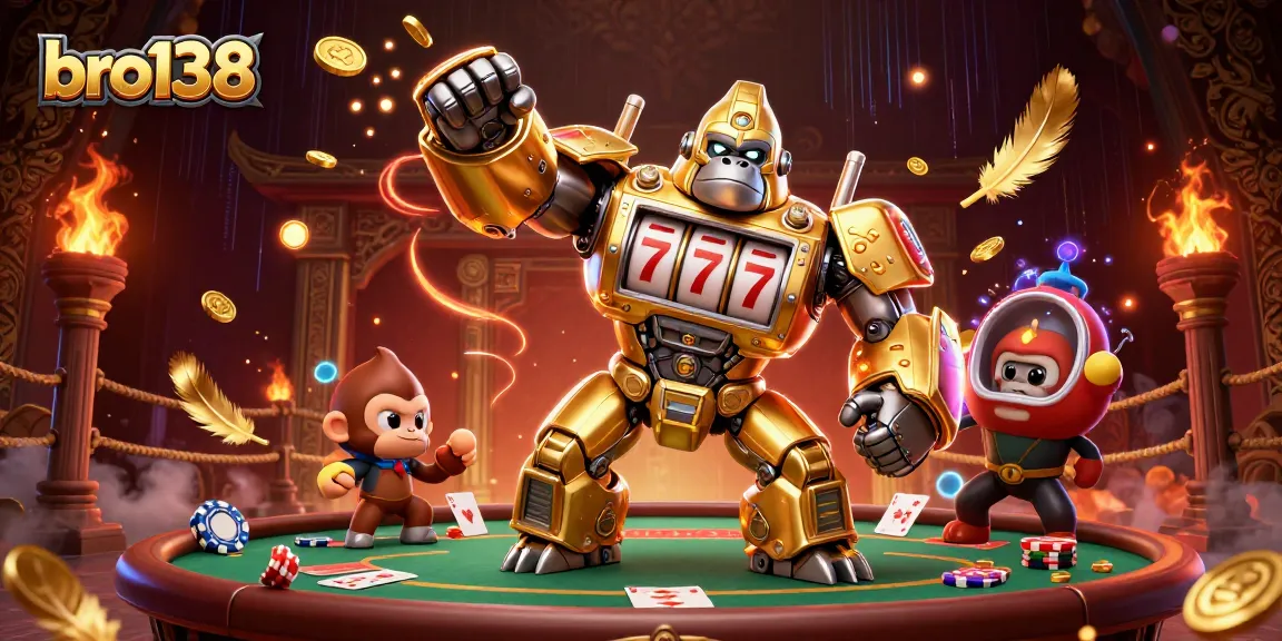 Engage in exciting gameplay at bro138 with a striking illustration of a golden gorilla mech and poker theme.