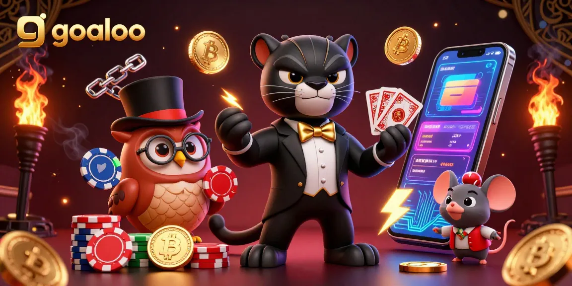 Permainan skor langsung goaloo dengan karakter kartun kucing hitam dan burung hantu, dikelilingi koin crypto.