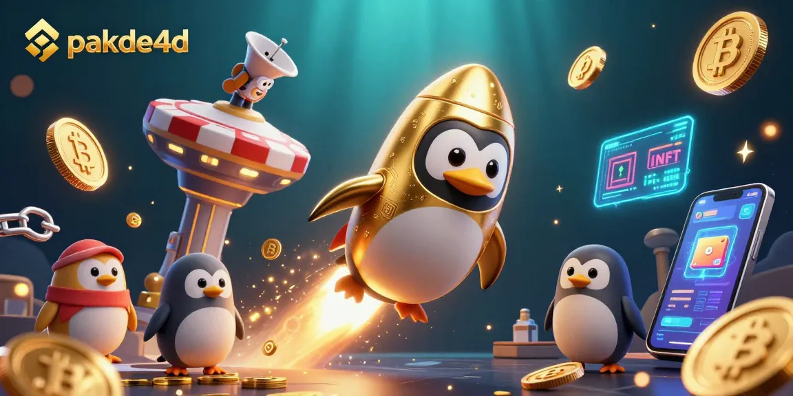 Experience pakde4d's thrilling gameplay with a golden penguin and crypto elements in a vibrant casino scene.
