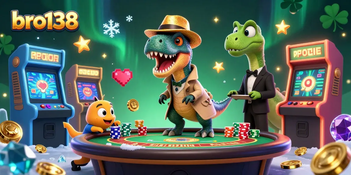 Experience thrilling gameplay at bro138 with a cartoon velociraptor at a casino table, embodying a vibrant gaming scene.