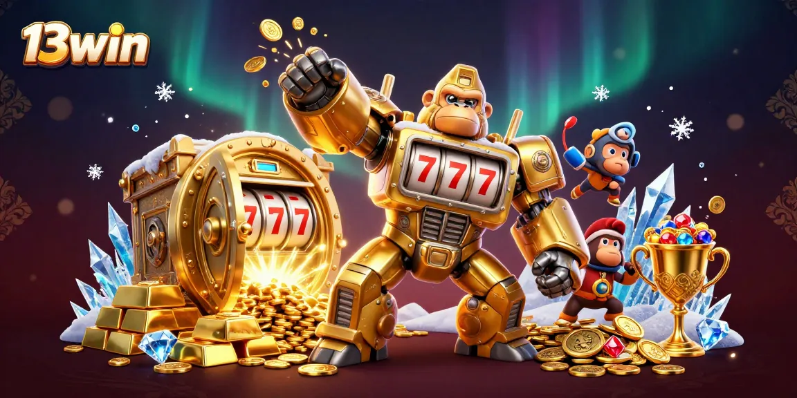 Join the excitement of 13win with a vibrant illustration featuring a golden gorilla mech and treasure.